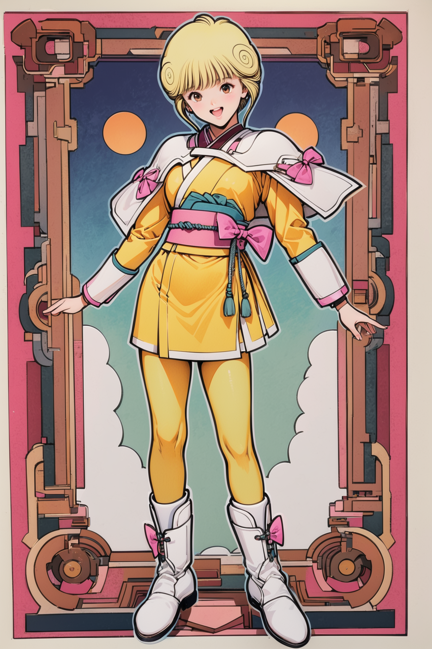 Katsura Masakazu Style,
Ai Amano,solo,1girl,full body,short hair,brown eyes,white footwear,smile,open mouth,boots,looking at viewer,long sleeves,blonde hair,standing,yellow short kimono white pantyhose white capelet pink obi pink bow,traditional media,
<lora:super lora_flyx3_XL_V2:0.8>,