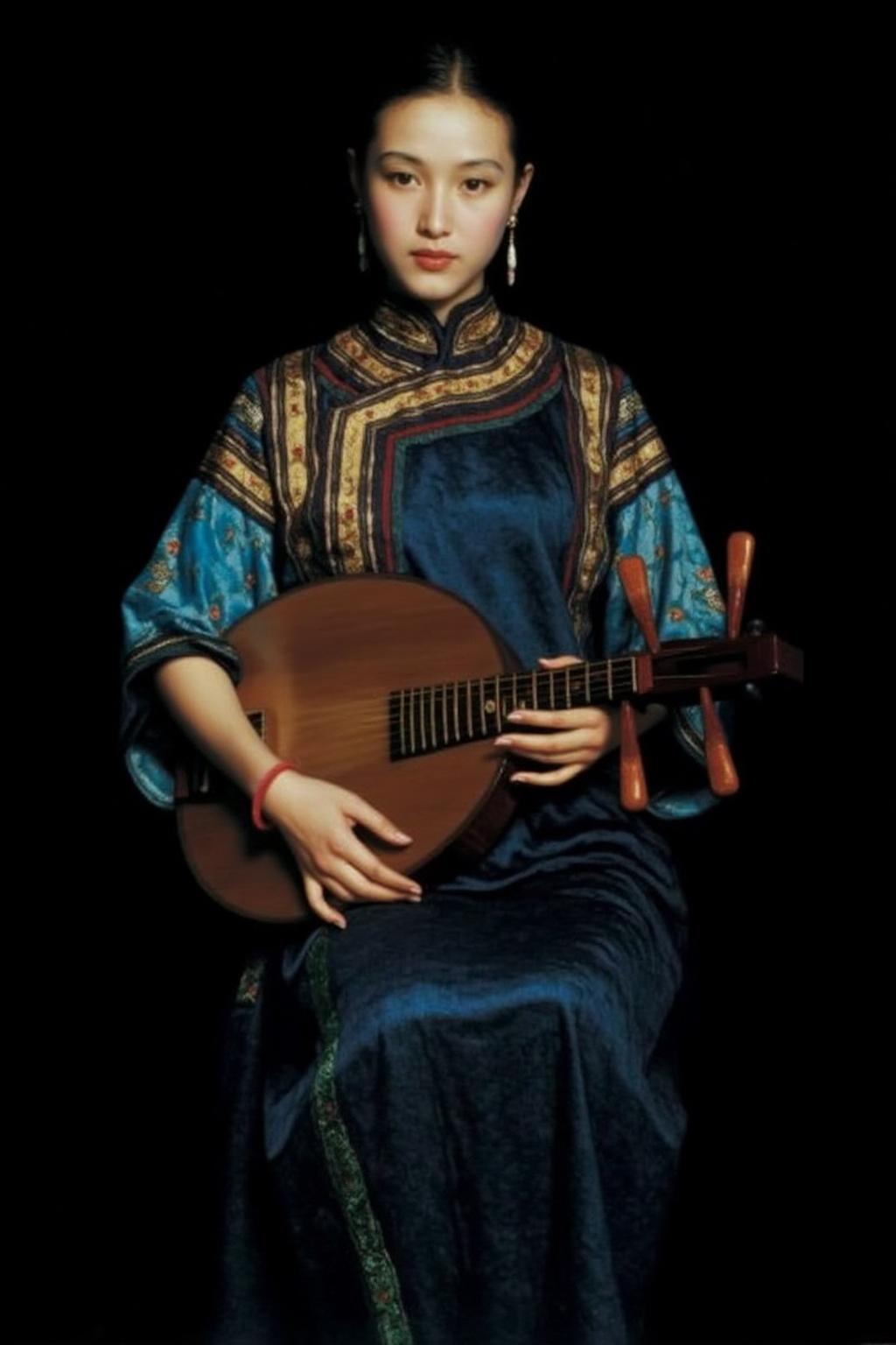 chenyifei1 painting.
A young woman is seated against a dark background. She is dressed in a richly embroidered traditional cheongsam with intricate gold patterns and a high collar. The robe has a dark blue base with lighter blue and gold accents. She is playing a pipa, a traditional Chinese lute.
 <lora:chenyifei1_cap_d6a3:1.0><lora:839114048734908737:0>