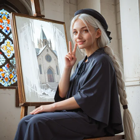 1girl,solo,<lora:painting woman:1>,painting woman,white hair,orange eyes,ponytail,absurdly long hair,beret,black capelet,grey shirt,
indoors,church,painting \(object\),
looking at viewer,smile,closed mouth,sitting,on ladder,hand up,v,hand in lap,, score_9, score_8_up, score_7_up, perfect anatomy, source_anime, zPDXL2,
