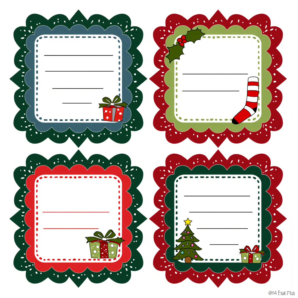 Christmas Label Tags 2x4 grid layout, empty text, no text, lines, colorful christmas frames with a christmas icon on the side
<lora:ChristmasLabelsFlux:0.9>