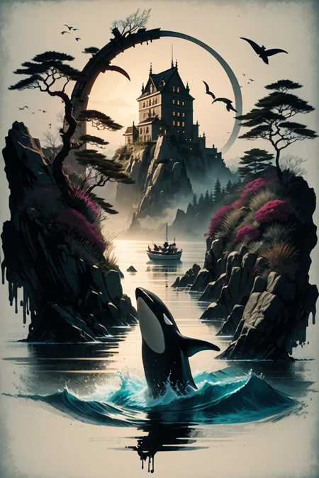 <lora:Calligraphy-ink-style-darquelilly-v1:1> calligraphyinkstyle, under water, atlantis, orca and fishes, volumetric lighting, night time, moonlight reflects in the water, black background
