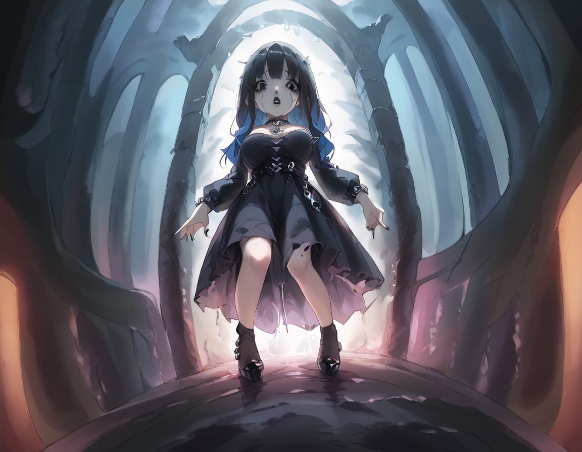 (score_9,score_8_up,score_7_up:1), 1girl, full body, angled view from below, horror, (shadow contrast, cinematic lighting), scared, (goth, (black lipstick, black mascara, black eyeshadow)), (soft body), glowing hair, mid back hair, choker, eyeshadow)) (alabaster glowing skin), large breasts, (kneeling), rain jewelry store, (<lora:zavy-cntrst-sdxl:1> chiaroscuro, low-key, horror), (<lora:goth_clothes:1>, goth dress, gothic jewelry, black dress, detailed dress, black high heeled shoes), <lora:shioramen:1> shioramen, <lora:add-detail-xl:1>