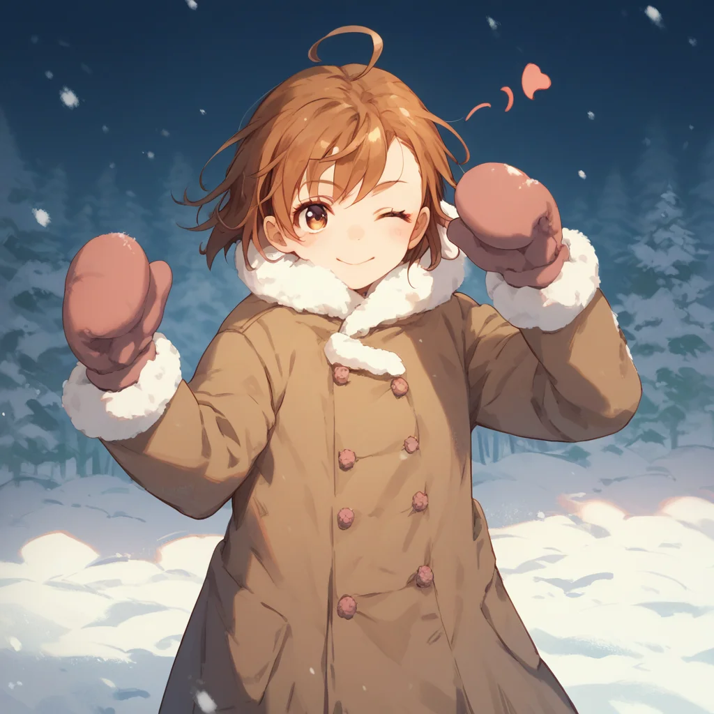 anime coloring, score_9, score_8_up, score_7_up, score_6_up, misaka20001 last-order, toaru, 1girl, solo, ahoge, brown hair, one eye closed, brown eyes, mittens, winter clothes, coat, short hair, heart ahoge, snow