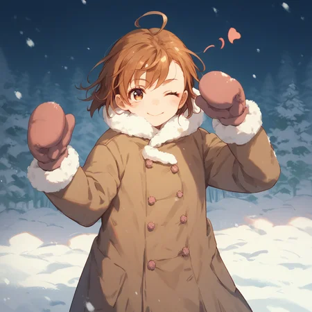 anime coloring, score_9, score_8_up, score_7_up, score_6_up, misaka20001 last-order, toaru, 1girl, solo, ahoge, brown hair, one eye closed, brown eyes, mittens, winter clothes, coat, short hair, heart ahoge, snow