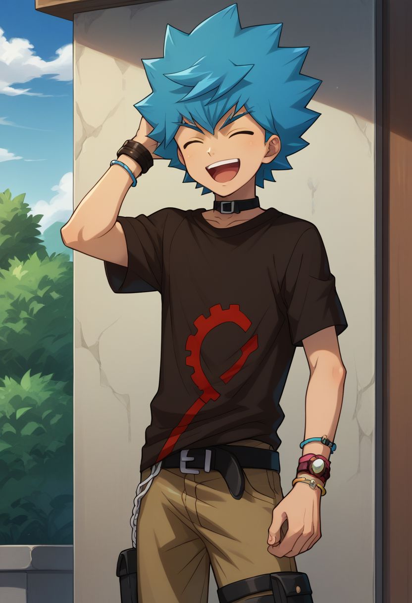 score_9, score_8_up, score_7_up, source_anime, highly detailed, 
luke, 1boy, male focus, solo, blue hair, spiked hair, belt, t-shirt, jewelry, shirt, printed t-shirt, bracelet, pants, eyes closed, open mouth, laughing,
outdoor,