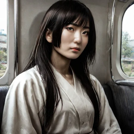 score_9, score_8_up, score_7_up, masterpiece, very high quality, japanese woman, asian face, 1 girl, high cheekbones, flat nose, very wide face, grey eyes, gray eyes, sitting, white shirt, jeans, epiCPhoto, legsonthetra1n, from front, sitting across from viewer, train interior