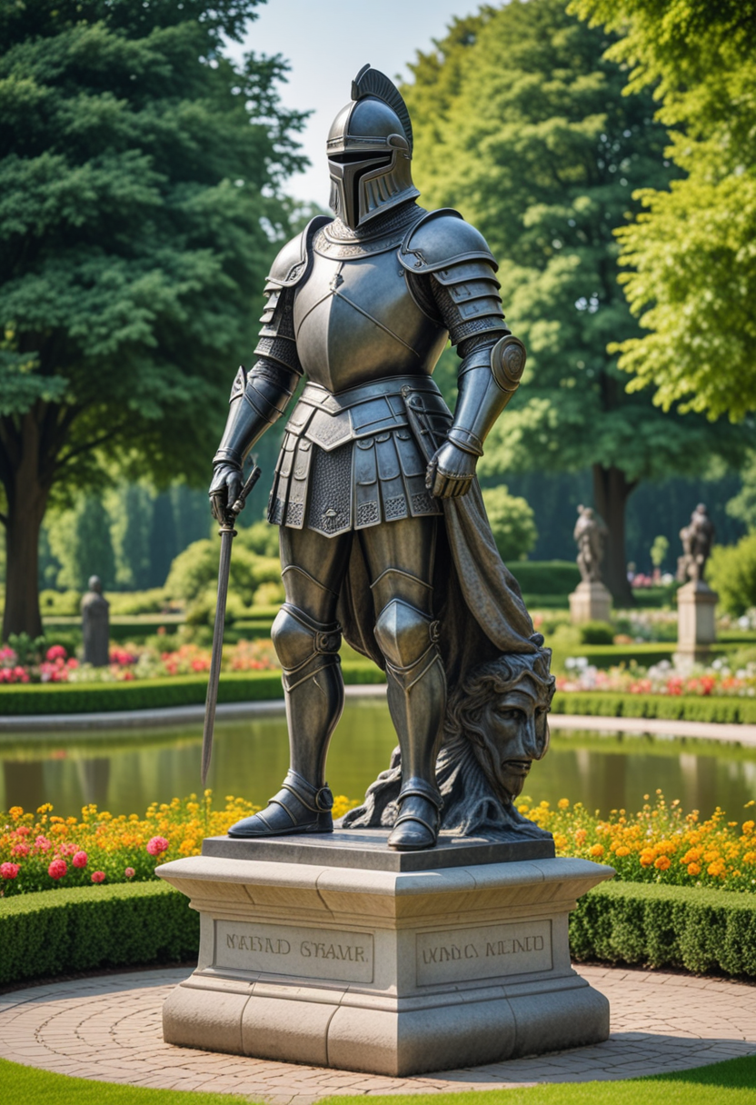 (medium full shot) of (grand stone statue) ,  , with knight helm,   located in  a peaceful park, with open green spaces, gentle walking paths, vibrant flower beds, serene ponds, stylish benches, Masterpiece,best quality, photo, realistic, very aesthetic,