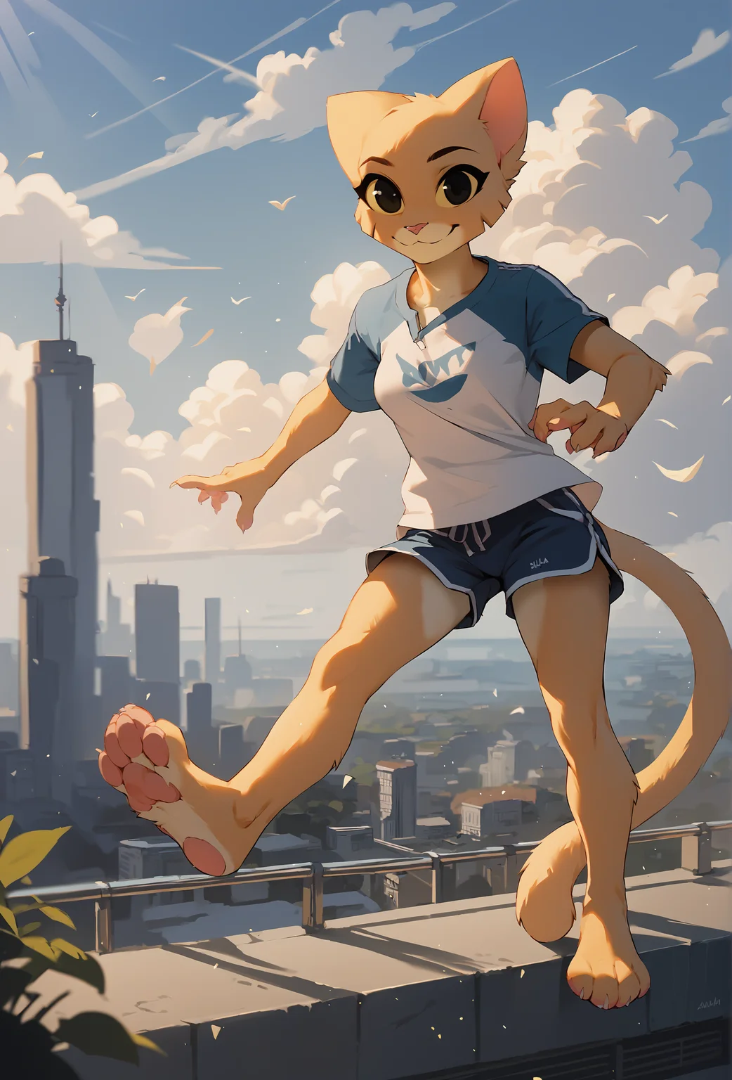 score_9, score_8_up, score_7_up, score_6_up, score_5_up, score_4_up, outdoors, blue sky, cloud, crepuscular rays, wind, depth of field, city, <lora:Anime Summer Days 2 Style SDXL_LoRA_Pony Diffusion V6 XL:0.16> BREAK
<lora:katia_managan_ponyXL_v1.2:1> 1girl, katia managan, furry, cat girl, black eyes, solid circle pupils, t-shirt, shorts, dolphin shorts, smile, looking at viewer, feet, pawpads