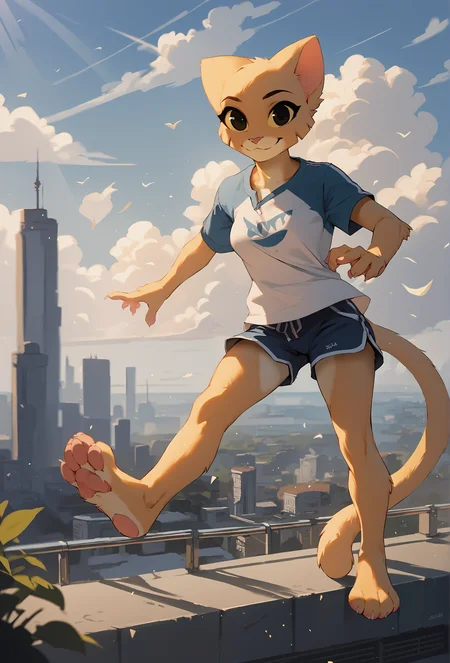 score_9, score_8_up, score_7_up, score_6_up, score_5_up, score_4_up, outdoors, blue sky, cloud, crepuscular rays, wind, depth of field, city, <lora:Anime Summer Days 2 Style SDXL_LoRA_Pony Diffusion V6 XL:0.16> BREAK
<lora:katia_managan_ponyXL_v1.2:1> 1girl, katia managan, furry, cat girl, black eyes, solid circle pupils, t-shirt, shorts, dolphin shorts, smile, looking at viewer, feet, pawpads