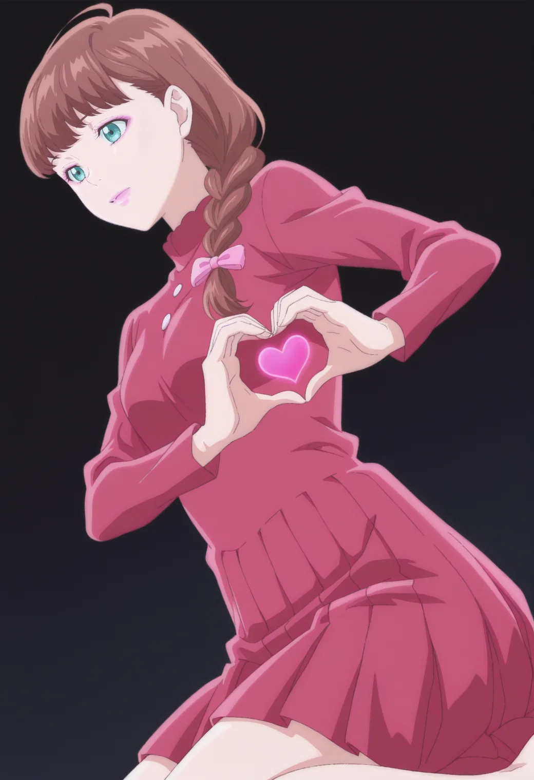 anime screencap, anime coloring, 1girl, solo, <lora:DX888MiraIL:1>gotokuji mira, aqua eyes, brown hair,single braid , pink lips, red dress, medium dress pleated dress, hair bow BREAK black background, two-tone background, BREAK dutch angle, from below, from side, dynamic pose, posing, smile, heart hands, seiza, upper body,