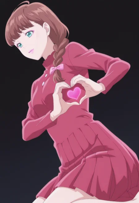 anime screencap, anime coloring, 1girl, solo, <lora:DX888MiraIL:1>gotokuji mira, aqua eyes, brown hair,single braid , pink lips, red dress, medium dress pleated dress, hair bow BREAK black background, two-tone background, BREAK dutch angle, from below, from side, dynamic pose, posing, smile, heart hands, seiza, upper body,