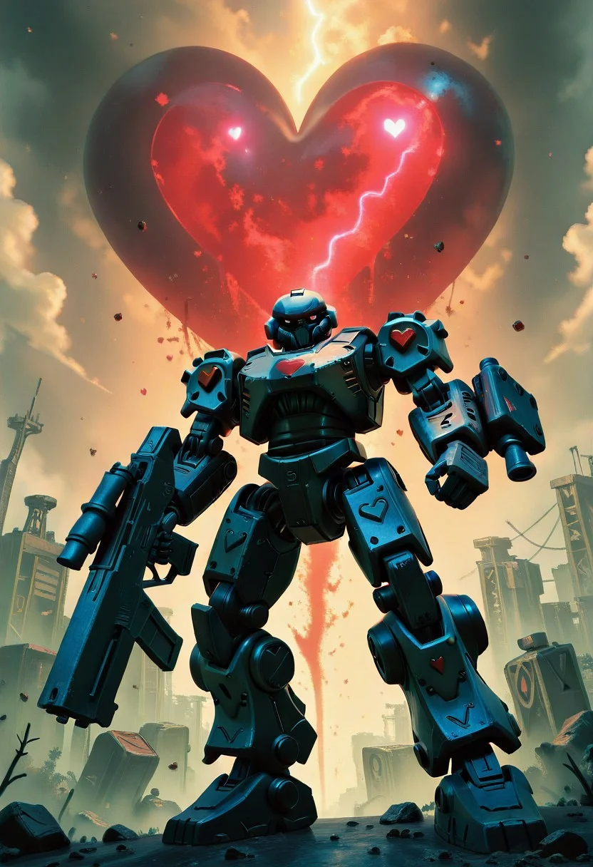 kftlove, (MRS), super fine concept art, extremely detailed, 1mecha, solo, a heavy mech, looking at viewer, a broken heart in the background, dynamic action pose, holding weapon, hard surface, hawken, sci-fi, volumetric lighting, cinematic shadows, zavy-dtchngl, dynamic angle, from below