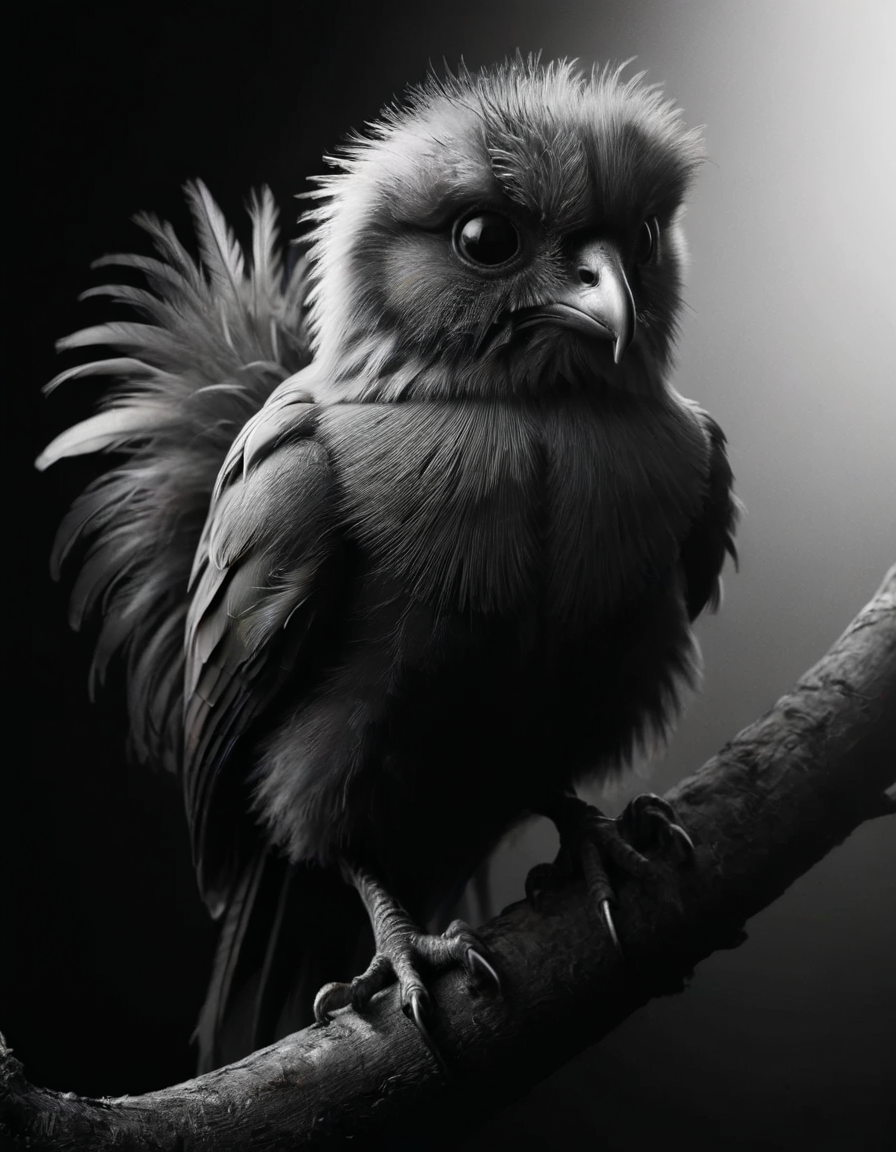 Creature,biomimetic,serene,life form,elusive ,feathered appendages,tufted-tailed,fuzzy <lora:ral-chrosc-bw:1> ral-chrosc-bw