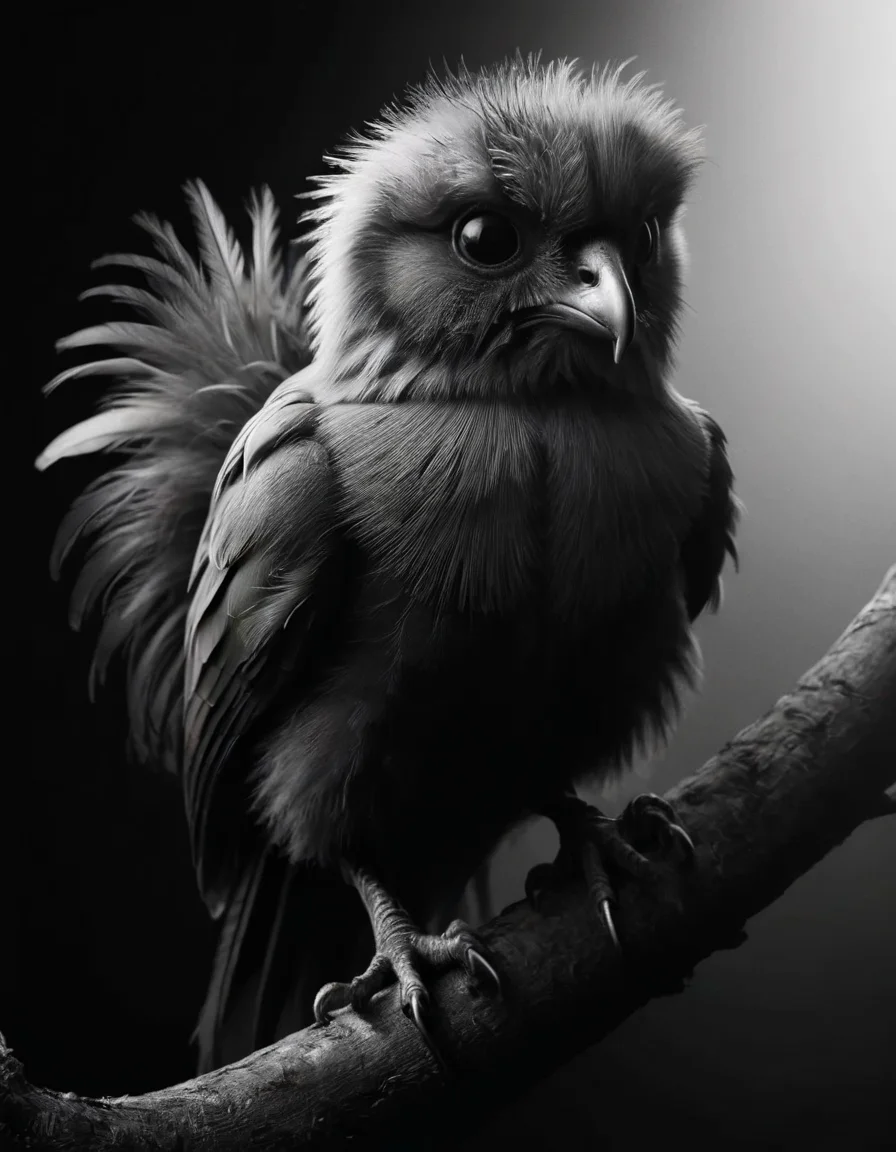 Creature,biomimetic,serene,life form,elusive ,feathered appendages,tufted-tailed,fuzzy <lora:ral-chrosc-bw:1> ral-chrosc-bw