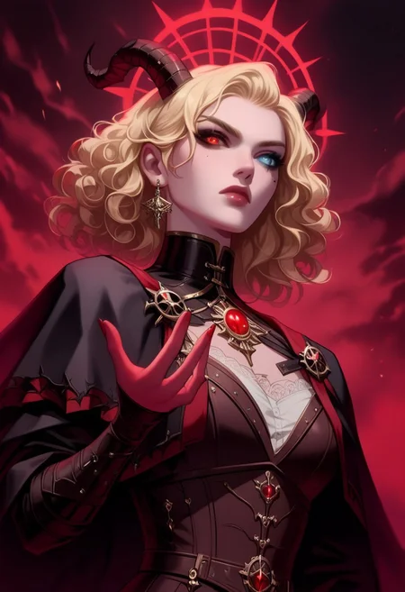 masterpiece,best quality, highly detailed, score_9, score_8_up, score_7_up, score_6_up,source_anime, quality hands, five fingers, perfect hands, dinamick angle, low angle from above, side view, she points forward with a long fiery sword,
BREAK
fantasy style, medium shot of a sexy woman posing in front of dilapidated dark cult chapel, demonologist, pale skin, long curly hair, multicolored hair, angry face, heterochromia, demonic hand, vestigial demonic horns, huge breasts, (red battle robe), dragonskin armour, (gold eye and red eye), flat colors, black line art, low camera angle, dynamic pose, looking confident, looking serious, looking off into distance, gloomy background, masterpiece, best quality, high quality, absurdres, realistic, UHD,, 18 years old, (masterpiece, best quality ), steampunk, organic, a colorized photo, aestheticism, Constance Gordon-Cumming, medieval, a flemish Baroque, renaissance,