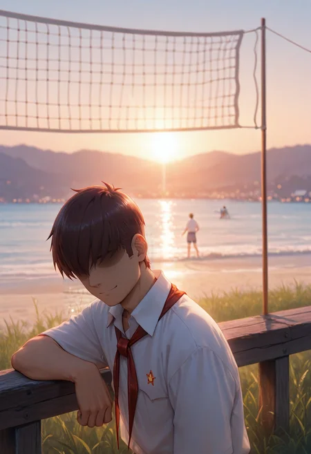 anime artwork cinematic film still concept art masterpiece, best quality,
 <lora:sembl:1> psembl, 1boy, solo, male focus, brown hair, shirt, white shirt, faceless, necktie, short sleeves, hair over eyes, , shaded face,  closed mouth<lora:dark_v1.9-pony:0.9>nostalgic summer atmosphere, a small Soviet-era town, a riverside with a wooden pier, tall grass swaying in the breeze, a group of teenagers hanging out, a mix of carefree joy and subtle melancholy, warm golden sunlight, a sense of timelessness, old bicycles leaning against a fence, a volleyball net on the beach, a campfire with friends laughing, a touch of retro 80s USSR aesthetics, soft pastel colors, a blend of realism and dreamy vibes, a focus on friendship and youthful memories, cinematic composition with soft lighting, a feeling of endless summer days and quiet introspection<lora:NOOB_vp1_detailer_by_volnovik_v1:1> . digital artwork, illustrative, painterly, matte painting, highly detailed . shallow depth of field, vignette, highly detailed, high budget Hollywood movie, bokeh, cinemascope, moody, epic, gorgeous, film grain, grainy . anime style,  vibrant, studio anime, highly detailed