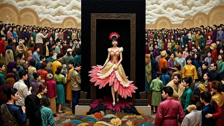 Macro photo, Chinese 1960s theme of crowds, white-toned <lora:BlackColor:1>, intricate black and pink and brass naturalistic Color Field Painting photo. The main subject is a plump teen shocked opera diva wearing a feathered outfit standing in front of a mysterious black monolith. The setting is busy and eldritch. The overall mood of the photo is of a decrepit moment in time. The photo has been tinted here and there with green translucent dye. <lora:FLUX.1-DEV_-_Wild_1960s_Fashions_LoRA:0.9> <lora:Embroidered_Quilting_Flux:0.7> <lora:midjourney_whisper_chromaplex_v1:0.7> <lora:MorrisCo:0.3>