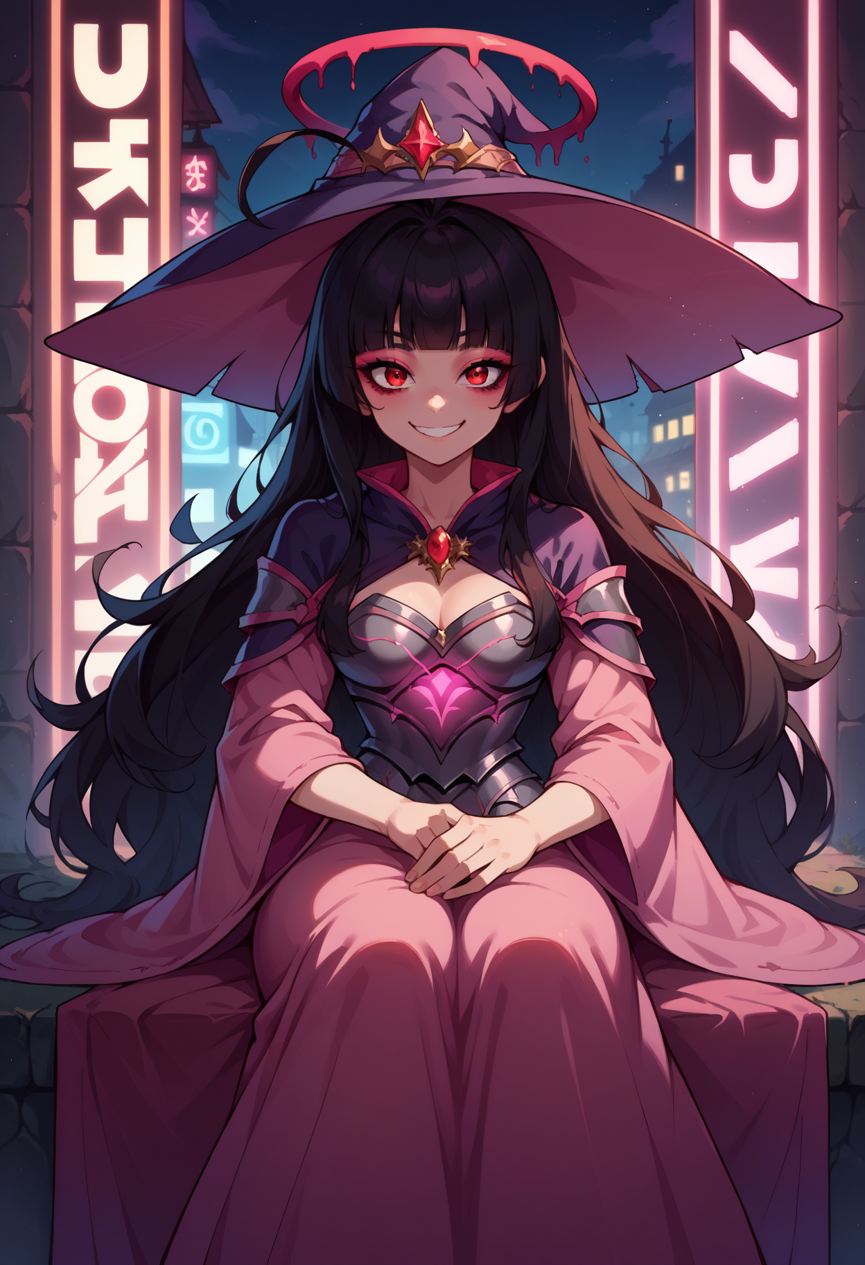 score_9, score_8_up,score_7_up, source_anime, 1girl, solo, <lora:EPbaTsurugi_epoch_8:0.8>, EPbaTsurugi, black hair, long hair, red eyes, blunt bangs, halo, ahoge,  glowing neon lights, sitting, armoured, witch hat, witch robe, eyeshadow, looking at viewer, smiling, pink glow, pink magical energy,