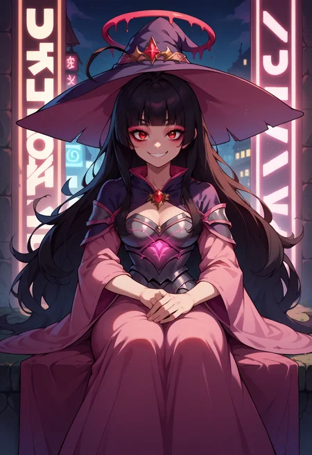 score_9, score_8_up,score_7_up, source_anime, 1girl, solo, <lora:EPbaTsurugi_epoch_8:0.8>, EPbaTsurugi, black hair, long hair, red eyes, blunt bangs, halo, ahoge, glowing neon lights, sitting, armoured, witch hat, witch robe, eyeshadow, looking at viewer, smiling, pink glow, pink magical energy,