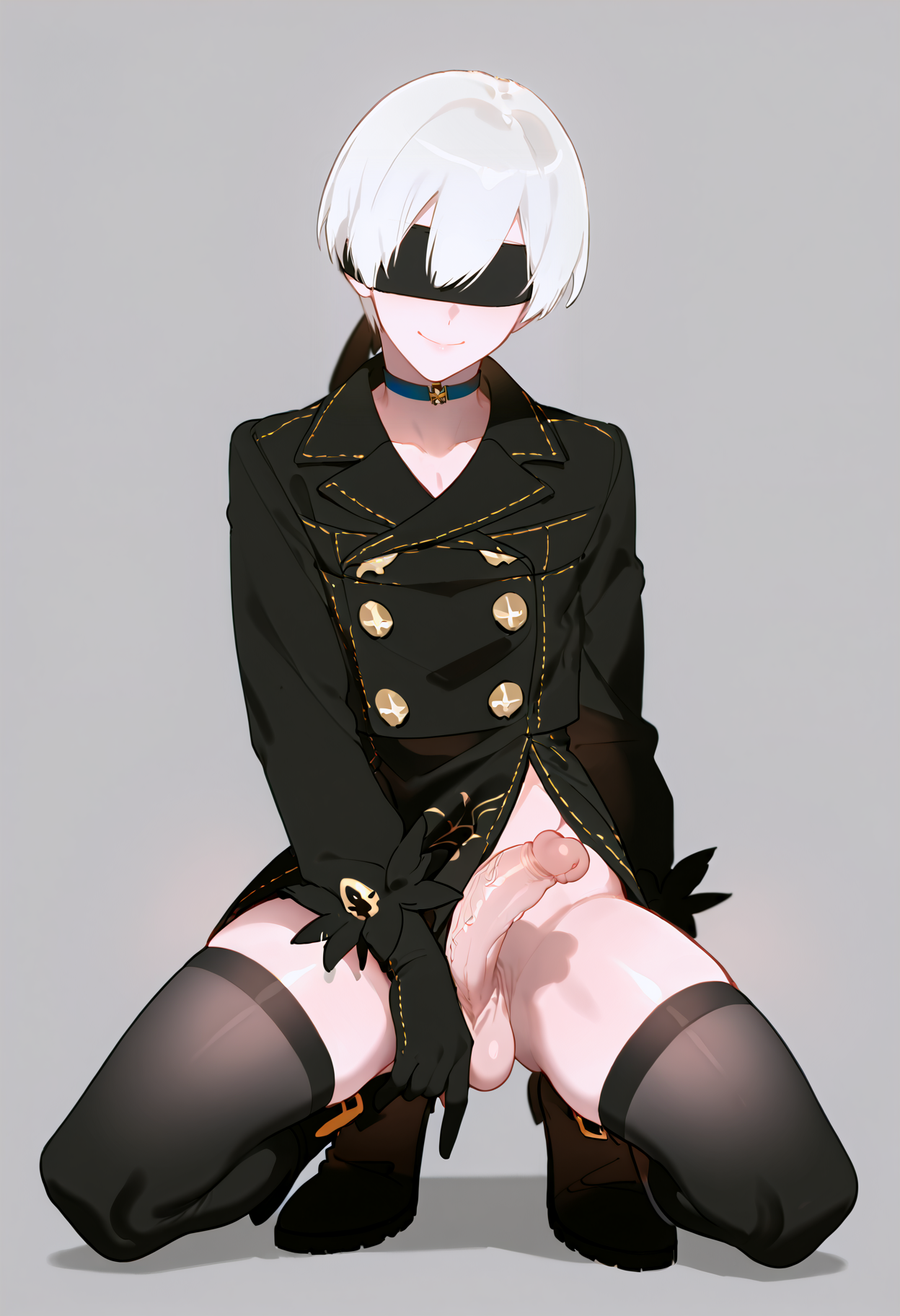 (score_9, score_8_up, score_7_up, score_6_up), best quality, source_anime BREAK, matemi, 9s (nier:automata), male focus, 1boy, testicles, black blindfold, veiny penis, squatting, black gloves, black thighhighs, erection, grey background, white hair, simple background, facing viewer, black choker, smile, veins, closed mouth, boots, long sleeves, short hair, full body, black footwear, bottomless, buttons, double-breasted, black jacket, covered eyes, shadow, spread legs, <lora:matemi:1>