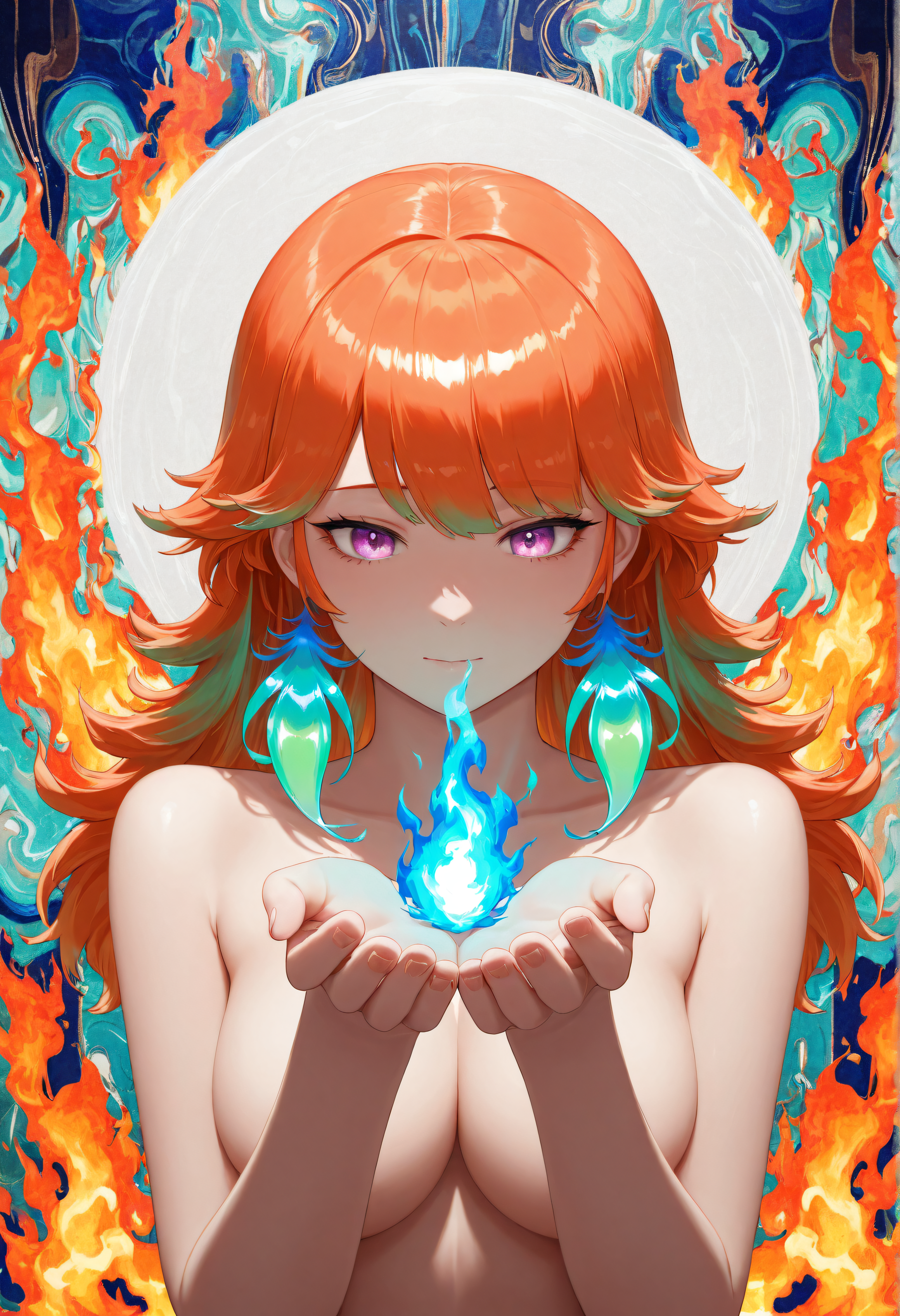 takanashi_kiara, abstract, abstract background, fire, blue flame, green flame, nude, upper body, cupping hands, masterpiece,best quality,amazing quality,absurdres, convenient_censoring
