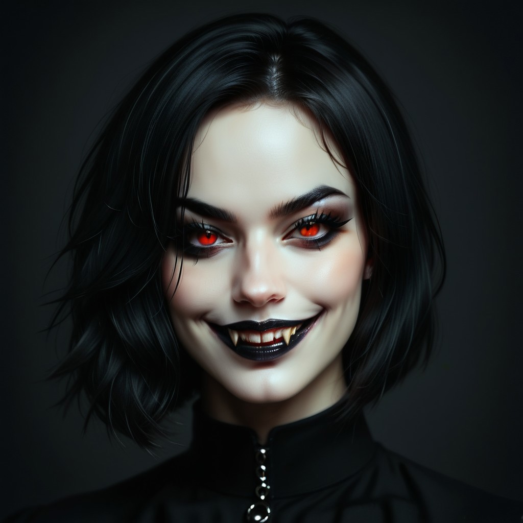 portrait of girl, purple and black hair, bob haircut, black background, black lipstick with fangs visible, dark makeup, long eyelashes, high contrast, vibrant color palette, red eyes, black clothes, detailed face, sharp details, realistic digital painting, evil grin