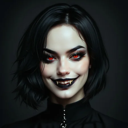 portrait of girl, purple and black hair, bob haircut, black background, black lipstick with fangs visible, dark makeup, long eyelashes, high contrast, vibrant color palette, red eyes, black clothes, detailed face, sharp details, realistic digital painting, evil grin