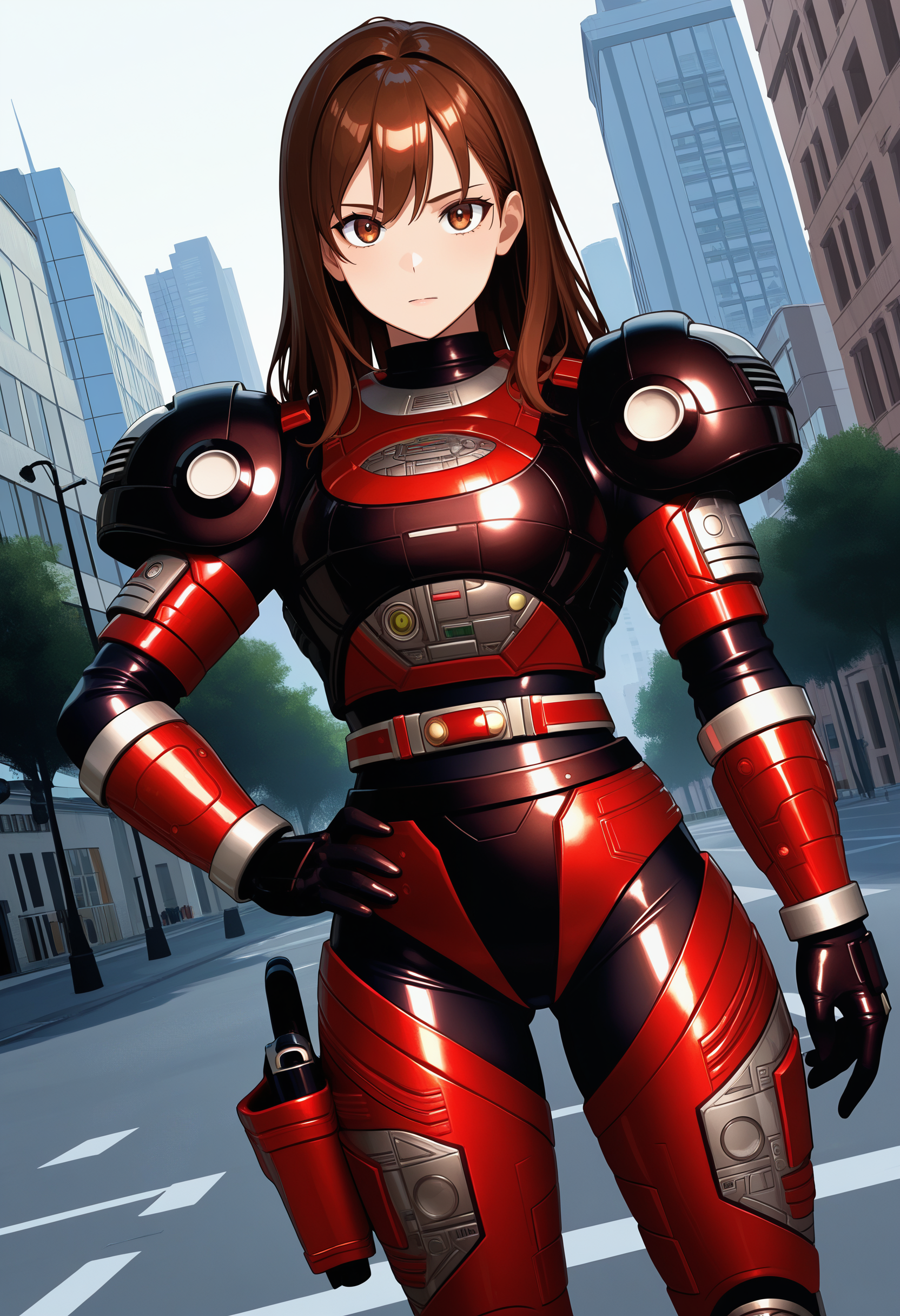 1girl, solo, R3ddle, armor, bodysuit, shoulder pad, gloves, belt, holster, brown hair, brown eyes, cowboy shot, dutch angle, looking at viewer, shiny clothes, hand on hip,
outdoors, city,
best quality, very aesthetic, masterpiece,