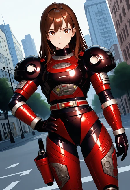 1girl, solo, R3ddle, armor, bodysuit, shoulder pad, gloves, belt, holster, brown hair, brown eyes, cowboy shot, dutch angle, looking at viewer, shiny clothes, hand on hip,
outdoors, city,
best quality, very aesthetic, masterpiece,