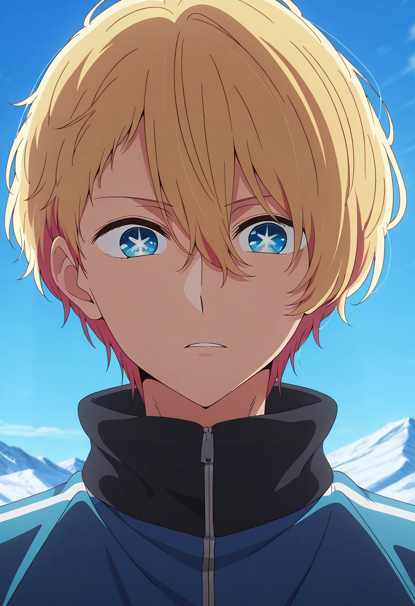 masterpiece, best quality, , anime screencap, anime coloring, official style, , 1boy, solo, male focus, <lora:aquamarine_hoshino_ilxl:0.9>, aquamarine_hoshino, blonde hair, blue eyes, bangs, hair between eyes, short hair, symbol-shaped pupils, star-shaped pupils, Mount Kilimanjaro, Tanzania, snow-covered peak, lush jungle, trekking pose, determined expression, early morning light,
