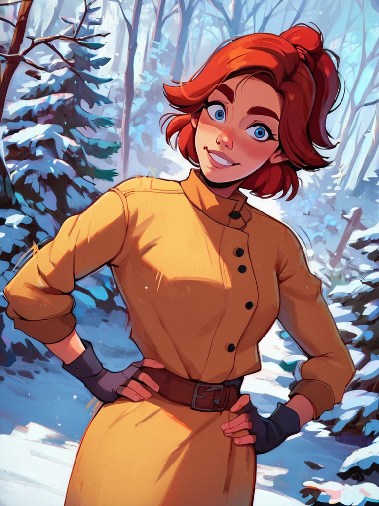 score_9, score_8_up, score_7_up, score_6_up, AnastasiaXLP, short hair, red hair, blue eyes, yellow dress, ponytail, fingerless gloves, motion lines, smile, curvy, looking at viewer, cowboy shot, dynamic pose, solo, dutch angle, front, sexy, sexually suggestive,  from above, open clothes, winter, forest, hand on own hip, nervous smile, screemcap,
 <lora:AnastasiaXLP_character:1>