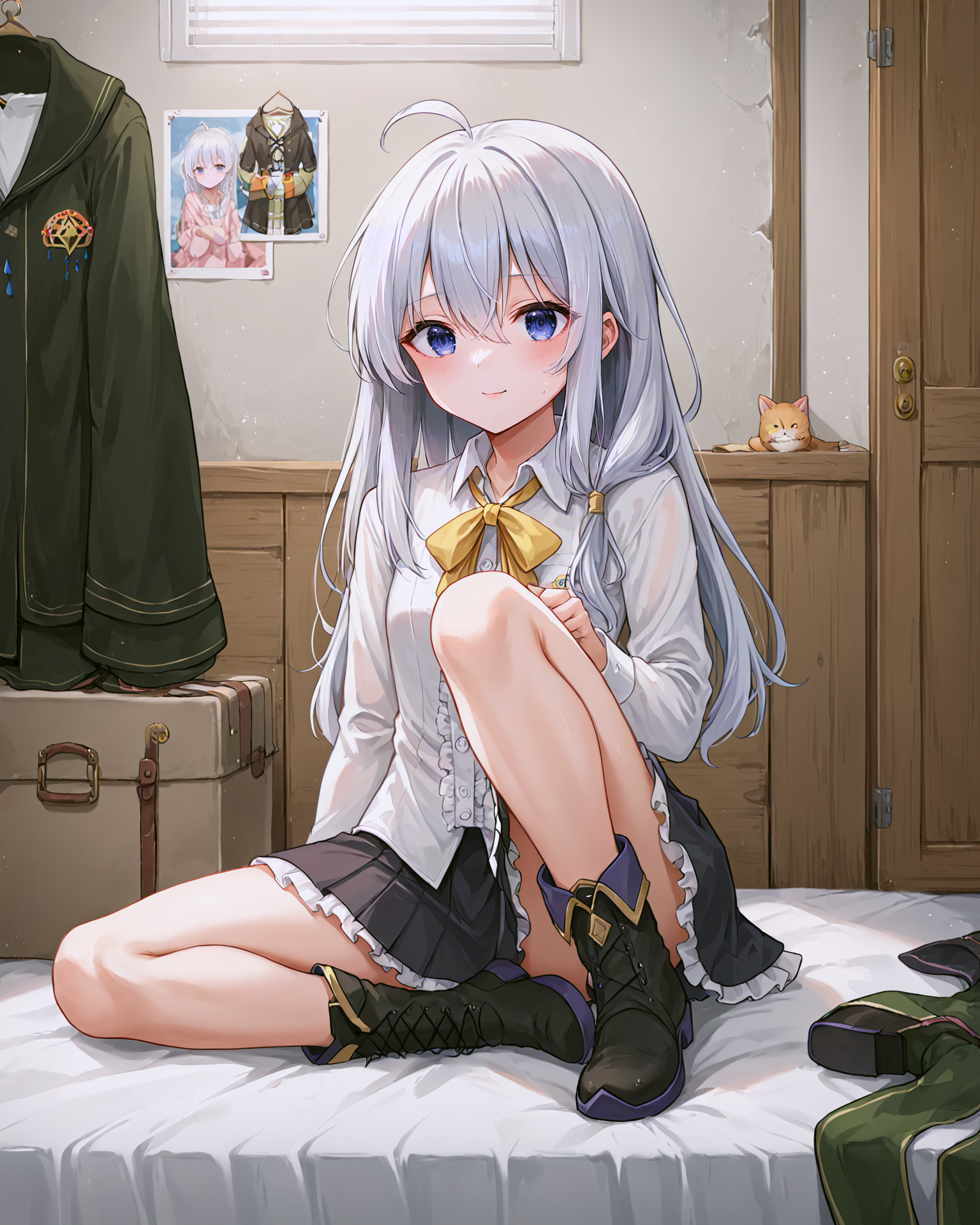 <lora:Majo_Elaina_XL:0.8> elaina, blue eyes, white hair, hair between eyes, long hair, bangs, ahoge, braid, single braid, hair bow, pink bow, jewelry,bow, ribbon, yellow ribbon, neck ribbon, shirt, white shirt, collared shirt, dress shirt, frills, skirt, black skirt, pleated skirt, frilled skirt, boots, black footwear, pointy footwear, sitting,, <lora:9_Detail_Tweaker_XL:0.8>, score_9, score_8_up, score_7_up, source_anime, masterpiece, best quality, highly detailed background, cinematic lighting, detailed eyes, perfect face,, lazy, teenager room, messy, bedroom, bed sheet, closet,