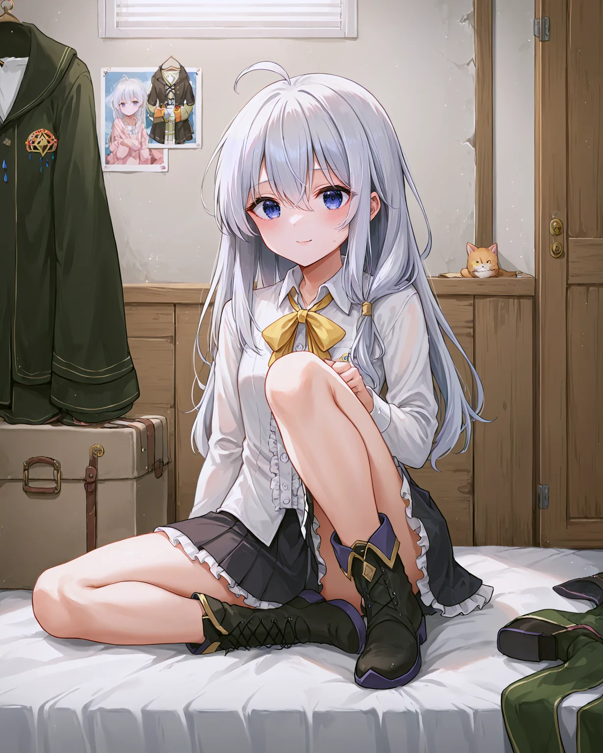 <lora:Majo_Elaina_XL:0.8> elaina, blue eyes, white hair, hair between eyes, long hair, bangs, ahoge, braid, single braid, hair bow, pink bow, jewelry,bow, ribbon, yellow ribbon, neck ribbon, shirt, white shirt, collared shirt, dress shirt, frills, skirt, black skirt, pleated skirt, frilled skirt, boots, black footwear, pointy footwear, sitting,, <lora:9_Detail_Tweaker_XL:0.8>, score_9, score_8_up, score_7_up, source_anime, masterpiece, best quality, highly detailed background, cinematic lighting, detailed eyes, perfect face,, lazy, teenager room, messy, bedroom, bed sheet, closet,
