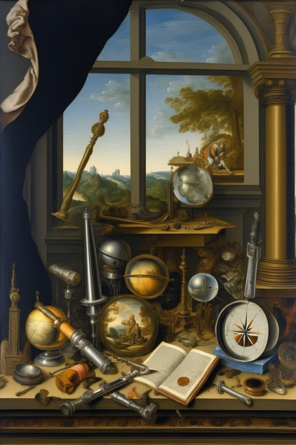 <lora:Pieter Claesz Style:1>Pieter Claesz Style - Renaissance painting of a man holding a hammer by a sunlit window. A compass, a telescope, and other instruments are resting on a table beside him.