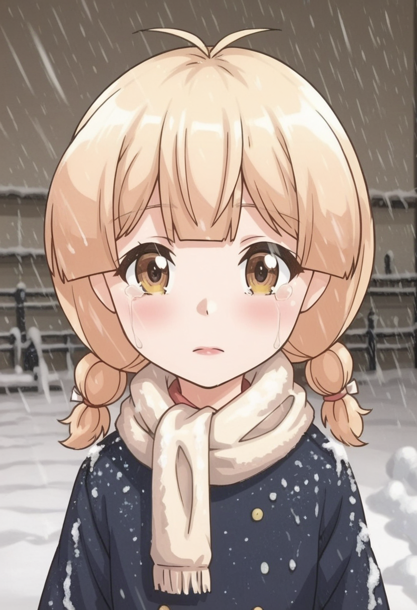 source_anime,anime screencap, anime coloring,intricate details,rating_safe, masterpiece, best quality,
(best quality, absurd res, ultra detailed),,(4 finger:0.5),1girl, ((solo)), good eyes,perfect eyes,,detailed eyes, zPDXLxxx , zPDXL3,detailed, detailed face
BREAK
solo,
hawa, brown eyes, blonde hair, twin braids,t-shirt, brown pants,
, <lora:add-detail-xl:2>  <lora:hawa:0.8> 
BREAK
<lora:Now_We_Are_Homeress:1.2> forest, crying, scarf, snow on head, snow on hair, snowing