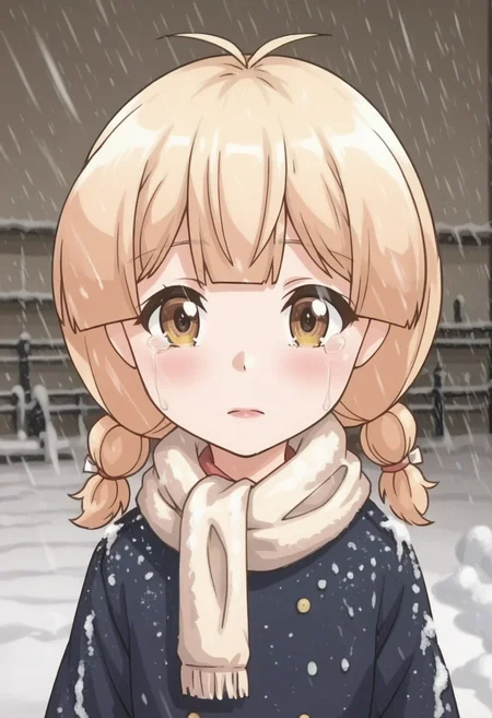 source_anime,anime screencap, anime coloring,intricate details,rating_safe, masterpiece, best quality,
(best quality, absurd res, ultra detailed),,(4 finger:0.5),1girl, ((solo)), good eyes,perfect eyes,,detailed eyes, zPDXLxxx , zPDXL3,detailed, detailed face
BREAK
solo,
hawa, brown eyes, blonde hair, twin braids,t-shirt, brown pants,
, <lora:add-detail-xl:2>  <lora:hawa:0.8> 
BREAK
<lora:Now_We_Are_Homeress:1.2> forest, crying, scarf, snow on head, snow on hair, snowing