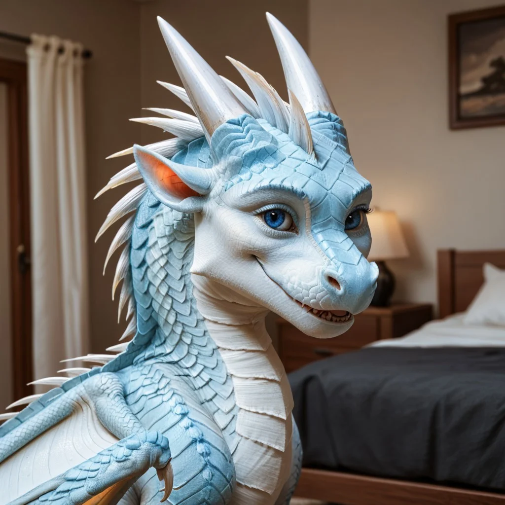 score_9, score_8_up, score_7_up, score_6_up, score_5_up, score_4_up, masterpiece, high quality, realistic, detailed, best quality, white bedroom, solo, rating_safe, source_furry, bedroom, smiling, seductive look, happy, detailed eyes, detailed face, looking at viewer, standing, Icewing_wof, dragon, horns, claws, wings, tail, icewing spikes, white scales, 1girl, female, blue eyes, feral