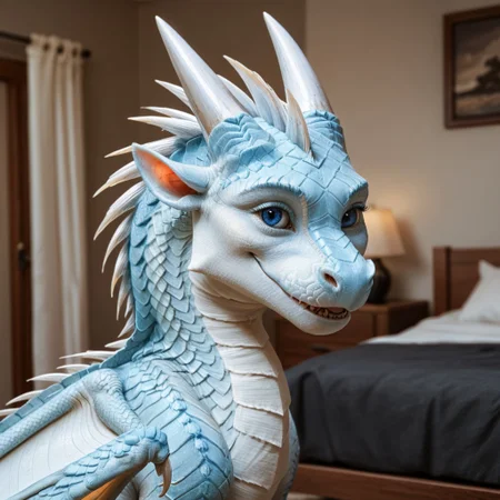 score_9, score_8_up, score_7_up, score_6_up, score_5_up, score_4_up, masterpiece, high quality, realistic, detailed, best quality, white bedroom, solo, rating_safe, source_furry, bedroom, smiling, seductive look, happy, detailed eyes, detailed face, looking at viewer, standing, Icewing_wof, dragon, horns, claws, wings, tail, icewing spikes, white scales, 1girl, female, blue eyes, feral
