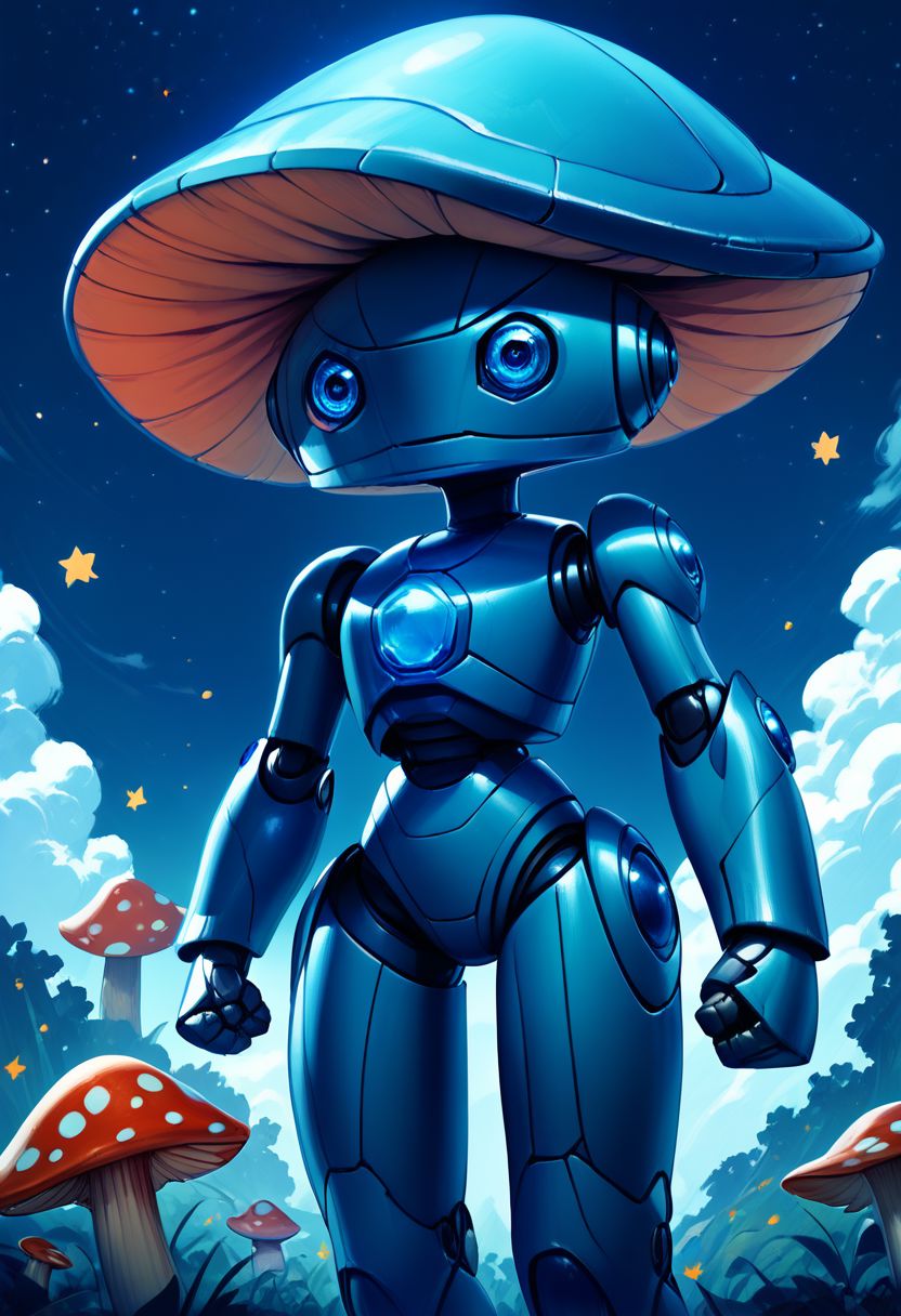 score_9, score_8_up, score_7_up,
zzMushroomGirl,
 CivBot, blue eyes, sky, cloud, no humans, glowing, stars, science fiction, fist, clenched fist, radio antenna, cowboy shot, blue robot,
