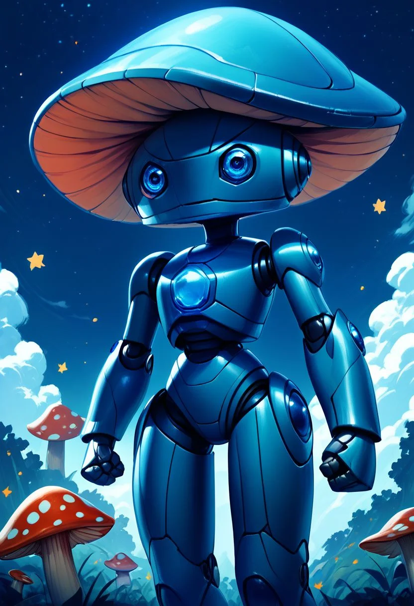 score_9, score_8_up, score_7_up,
zzMushroomGirl,
CivBot, blue eyes, sky, cloud, no humans, glowing, stars, science fiction, fist, clenched fist, radio antenna, cowboy shot, blue robot,