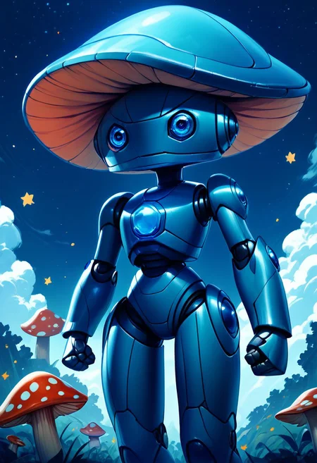 score_9, score_8_up, score_7_up,
zzMushroomGirl,
CivBot, blue eyes, sky, cloud, no humans, glowing, stars, science fiction, fist, clenched fist, radio antenna, cowboy shot, blue robot,