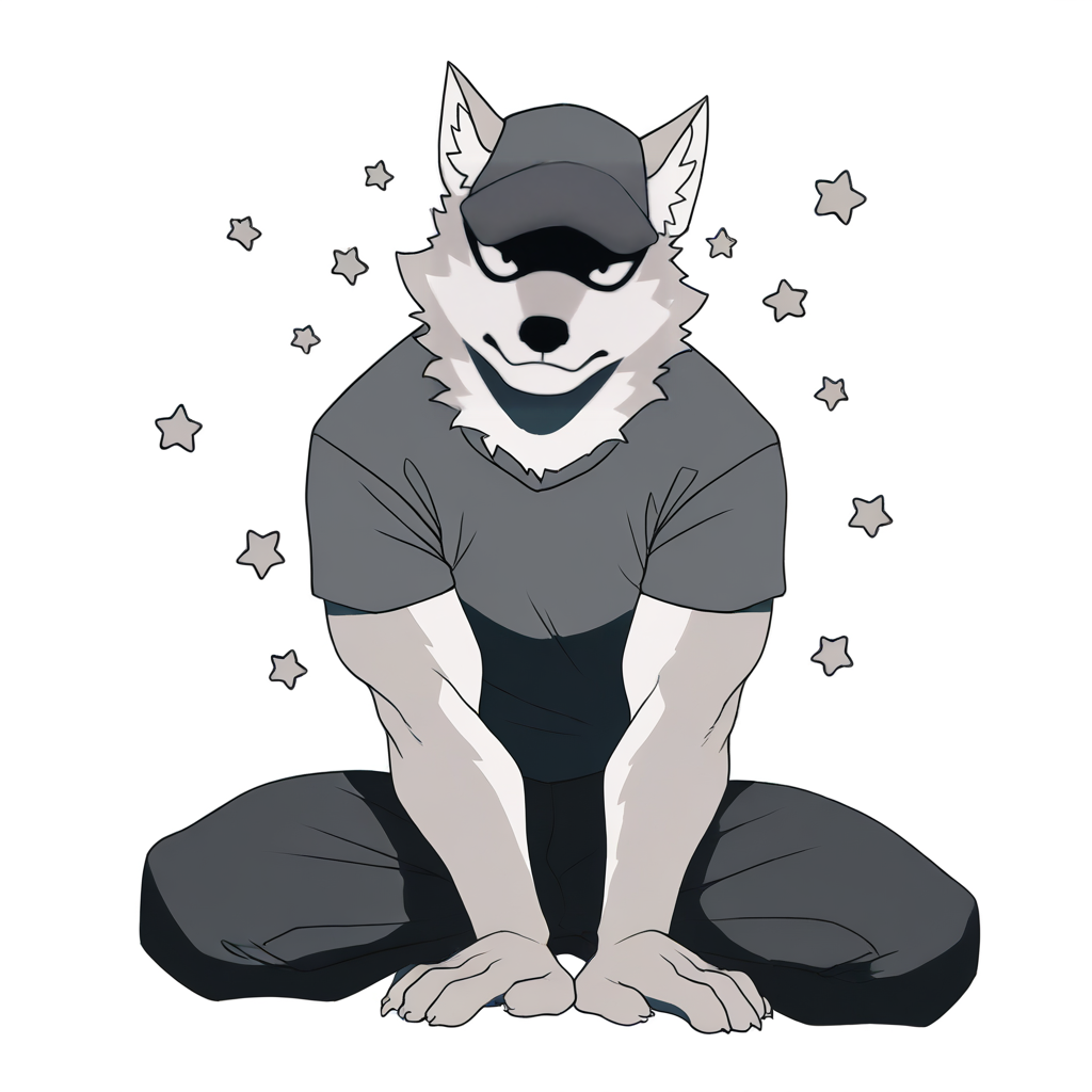 artist:juliathedragoncat,  sato_bna, grey fur, male, clothing, clothed, looking at viewer, topwear, bottomwear, shirt, sitting, nude, white-background, stars, action pose, dynamic-pose,  detailed, anatomically correct, (masterpiece,hyperdetailed,best quality), absurdres, highres, very aesthetic, high definition, amazing quality, <lora:sato_bna-25:1>
