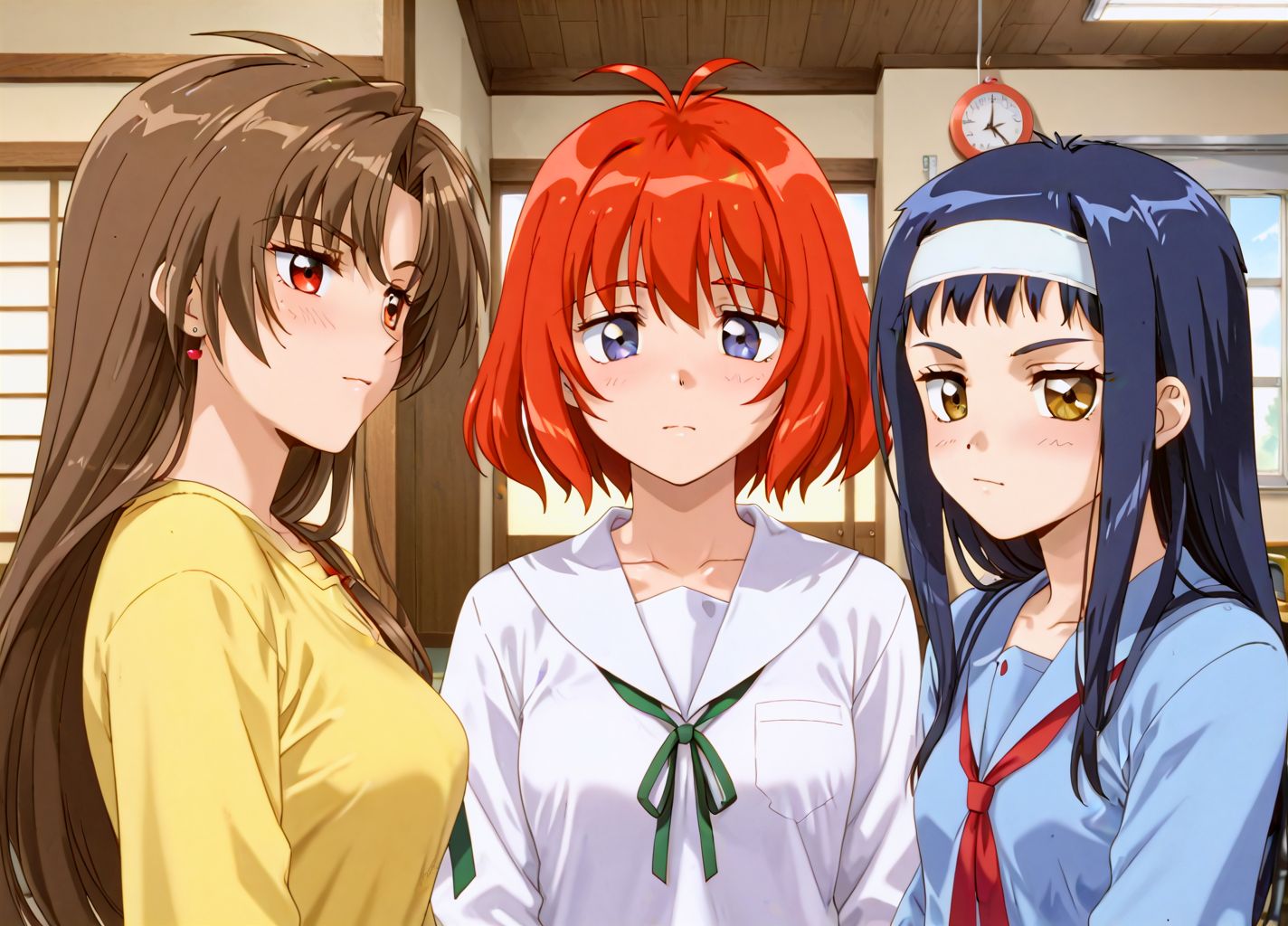 score_9, score_8_up, score_7_up, BREAK source_anime, rating_explicit, best quality, masterpiece, uncensored,  ultra-detailed, detailed, beautiful detailed eyes, beautiful detailed face, uncensored, anime coloring, official style, 8K, highres, <lora:HyLper-Accelerate-PAseer:1>,, <lora:NeoRangaGirls_ponyV6XL:1>, 1990s (style),  retro artstyle, anime coloring, 
Minami, 3girls, bangs, yellow shirt, brown hair, long hair, 
Ushio, 3girls,   school uniform, purple eyes, ribbon, green ribbon, neck ribbon, red hair, short hair, 
Yuuhi, 3girls, hairband,   long hair, classroom, school uniform, blue hair,