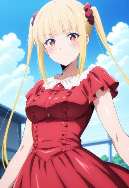 <lora:Shuka_Kurino:1>, 1girl, solo, blonde hair, long hair, blunt bangs, twin tails, sidelocks, red hair scrunchie, red eyes two-toned eyes, brown eyes, medium breast, bright red dress, white collar, short sleeves, standing, looking at viewer, blush, light smile
BREAK
outside, daytime, blue sky, clouds
BREAK
anime screencap, anime coloring, anime colored background, detailed background, detailed face, shiny skin, shiny hair, absurdes, highres, dynamic pose, masterpiece, best quality, official art, cel shaded, graphic illustration, digital painting, CGI, very detailed, amazing quality, intricate details, dynamic pose, HDR, UHD, 8K, Fineline illustration, Highly detailed, ultra-fine painting, sharp focus, Professional, Vivid Colors <lora:add-detail-xl:1> <lora:DetailedEyes_V3:1> <lora:hand 5.5:1>
