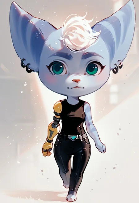 zPDXL3, score_9, score_8_up, score_7_up, score_6_up, score_5_up, score_4_up,
1girl, medium breasts,
black pants, black vest, city, science fiction,
ratchet & clank, short, blue fur, body fur,
single mechanical arm, (single bare arm:1.4), (no headwear:1.4), mohawk,
racrivet, ac villager, (chibi:1.2), solo, animal crossing,