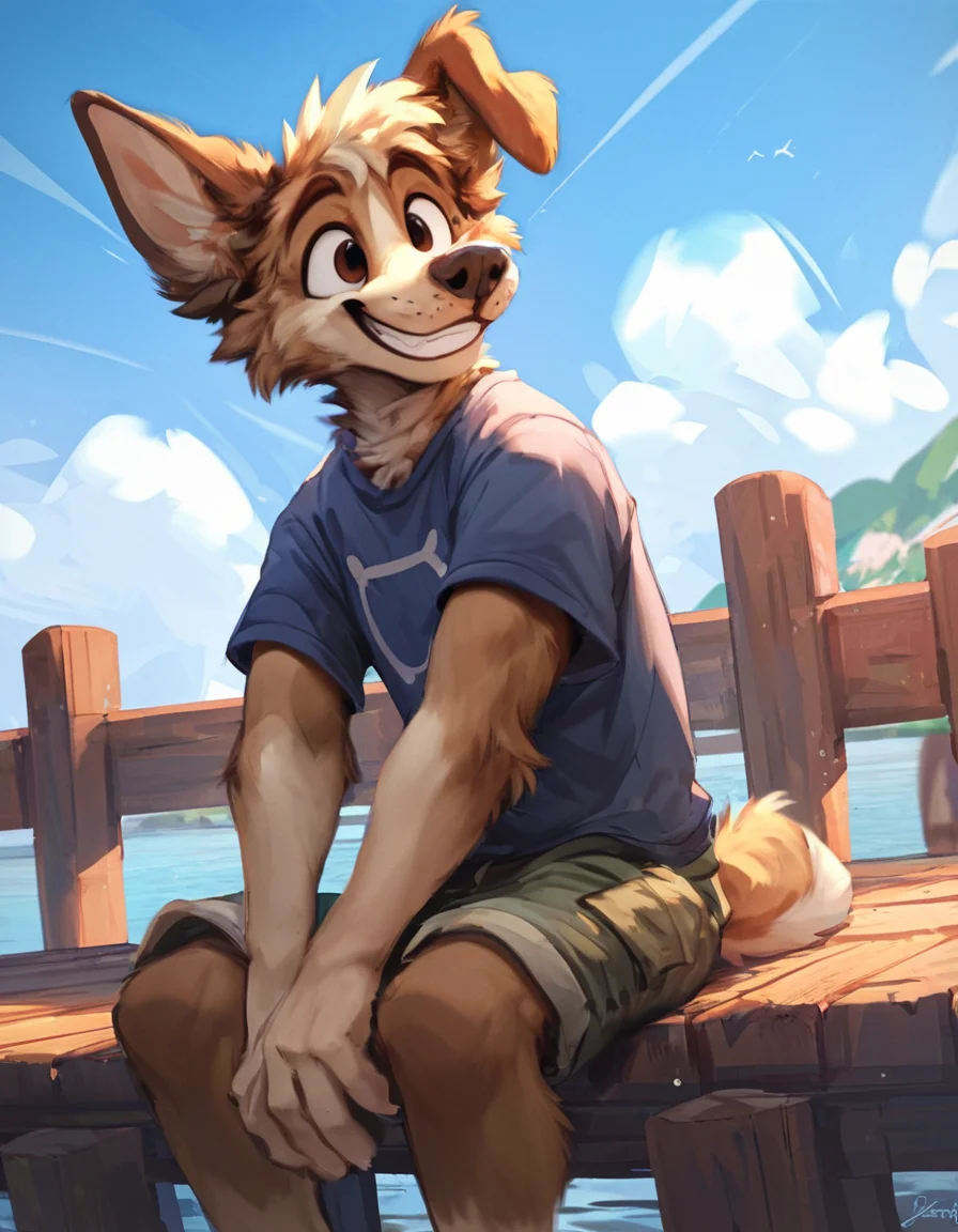furry male adult dog, brown and cream fur, wearing a stripped blue tshirt and cargo shorts, sitting on the edge of a pier, looking at into the ocean, smiling, happy, expressive, sunny, blue sky, <lora:Jacato_-_Art_Style:0.5> Jacato <lora:Jacato_Style_Pony:0.5>, score_9, score_8_up, score_7_up, score_6_up, score_5_up,