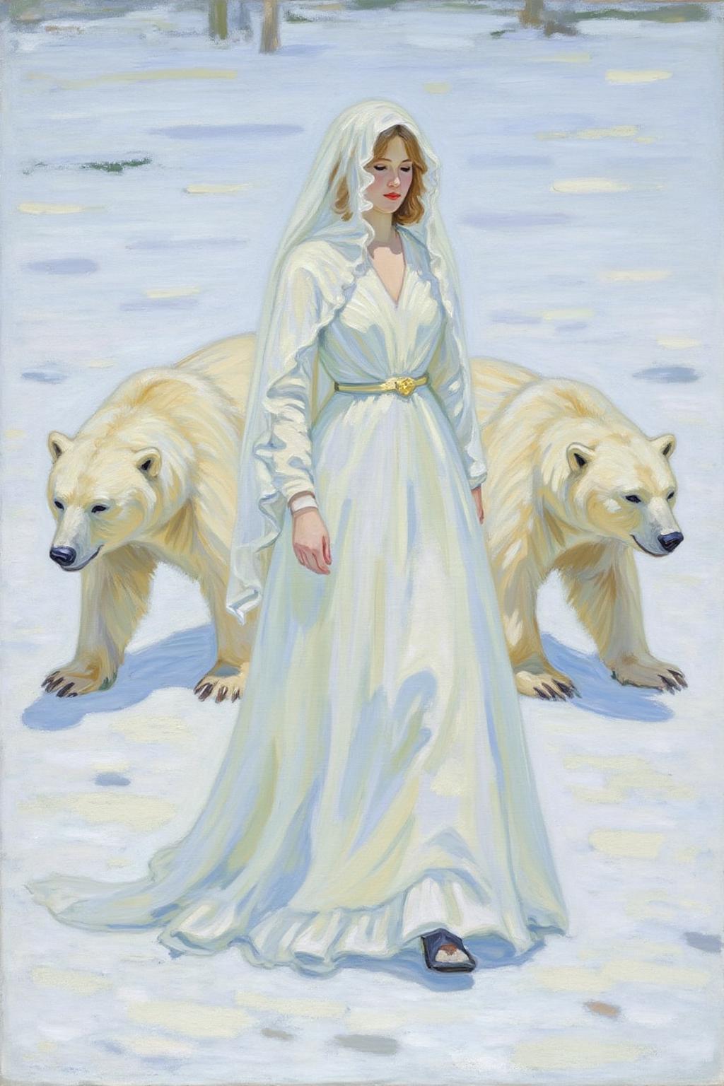 helenmcnicoll2 painting.
dulac1. A Snow Queen with an ethereal appearance. She is dressed in a flowing, long white gown that seems to shimmer, possibly made of a translucent fabric or lace, giving it a delicate, ethereal quality. Her hair and face are obscured by a delicate, sheer veil that extends to the ground, adding to her otherworldly aura. Two polar bears are walking besides her.   <lora:helenmcnicoll2_cap_d6a3:1.0><lora:838476009868219338:0>