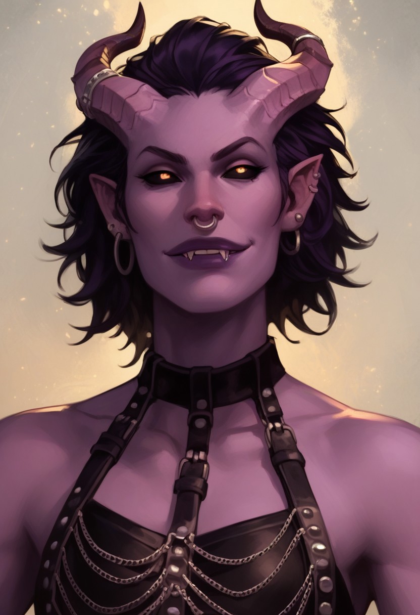 score_9, score_8_up, score_8_up, 1girl, sexy, tiefling, purple skin, short straight horns, flat chest, dark purple hair, elegant hair, ear piercings, nose ring, black eyes, black sclera, purple lips, fangs, slender, leather bra, studded straps, well lit, ((dynamic lighting)), chain harness, horn rings, purple shoulder scales, waist up view, hyper skinny, smirking, dynamic pose