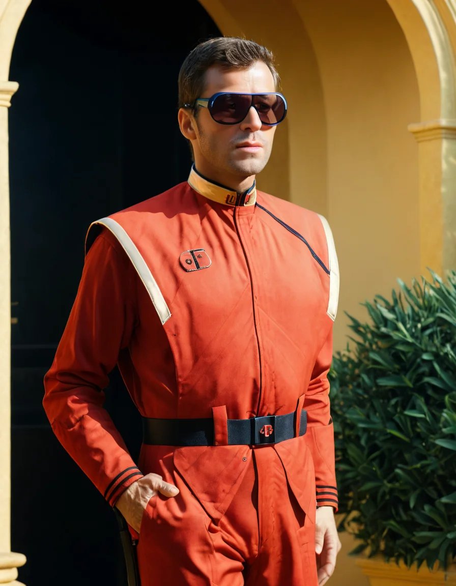 UHD, 8K, ultra detailed, highly realistic photo of UHD, 8K, ultra detailed, full body shot, highly realistic photo of man wearing sunglasses with red uniform ,OverallDetailXL <lora:VTVSeries_SDXL_v1:1>