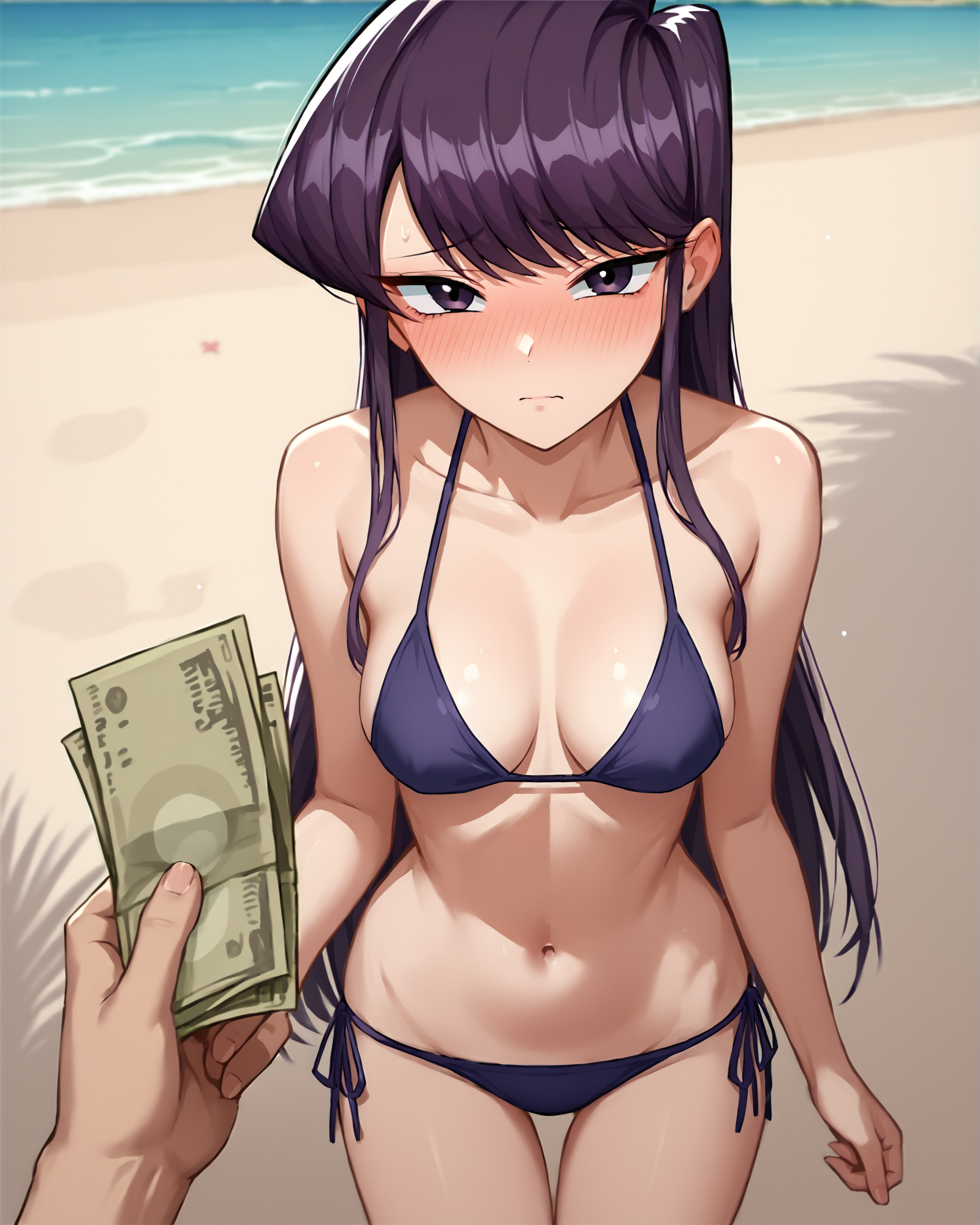 score_9, score_8_up, score_7_up, source_anime BREAK 1girl, Komi Shouko, POV, money, holding money, standing, bikini, thigh gap, blush, embarrassed, beach, long hair, purple hair, looking at viewer, purple eyes, navel, side-tie, medium breasts, perky breasts, <lora:POV_holding_money:1>, rating_questionable
